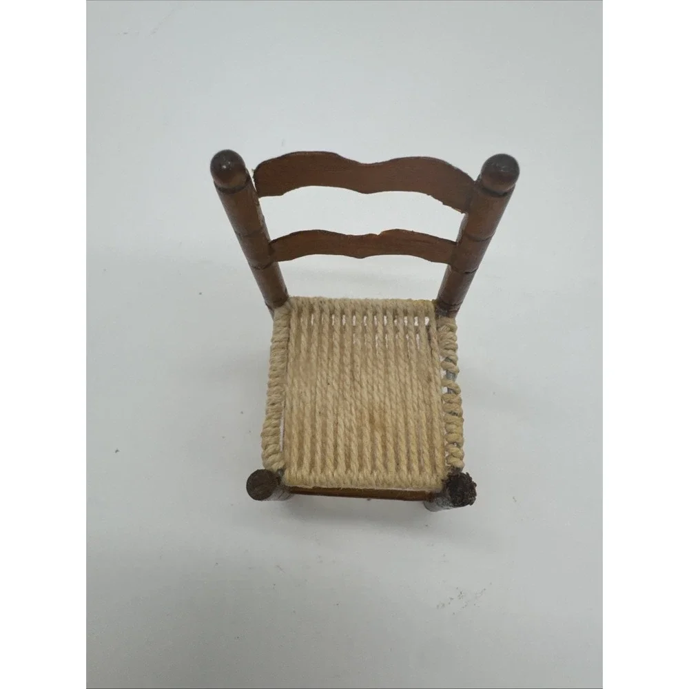 VTG Miniature Wooden Chair Armless With Wicker Seat For Doll Houses Farmstyle